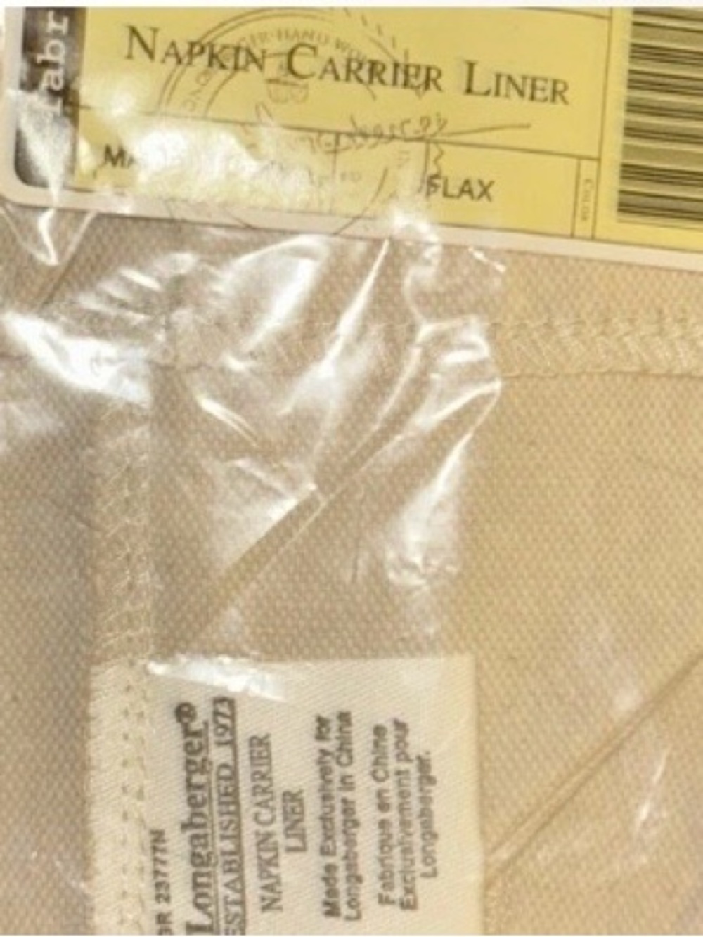Longaberger Flax Linen Napkin Carrier Liner, Brand new
